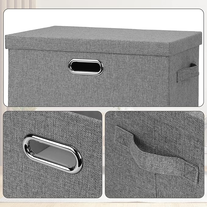 Graciadeco Large 17" 36 Quart Collapsible Stackable Storage Bins with Lids, 3 Packs Grey Linen Fabric Closet Boxes with Lids,