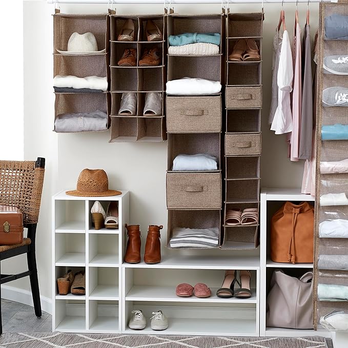 Household Essentials 6 Shelf Hanging Closet Organizer, Hanging Closet Shelf, Fabric Poly Linen and PEVA Shelving