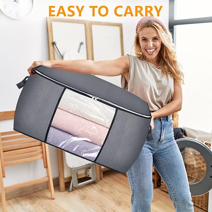 10 Pack Clothes Storage Bags, 90L Large Blanket Storage Bag Comforter Storage Bin with Reinforced Handle and Lid Foldable Clo