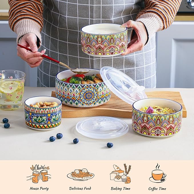 Henten Home Ceramic Serving Bowls with Lid, Colorful Nesting Bowl Set of 3, Porcelain Boho Bowls for Prep, Food Storage, Meals, Micreowave & Dishwasher Safe, 10/20/32 oz