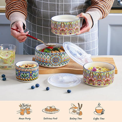 Henten Home Ceramic Serving Bowls with Lid, Colorful Nesting Bowl Set of 3, Porcelain Boho Bowls for Prep, Food Storage, Meals, Micreowave & Dishwasher Safe, 10/20/32 oz