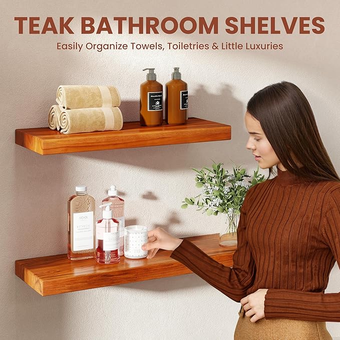 48 Inch Solid Wood Floating Shelf - 100% Solid Teak Wood Wall Shelf with Invisible Brackets - Waterproof Natural Wood Shelves