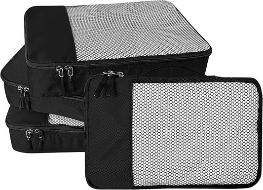 WTREE 4-Piece Packing Cubes Travel Accessories Set for Suitcases - Luggage Organizer Bags with Double Zipper - Mesh Top - Large - Black