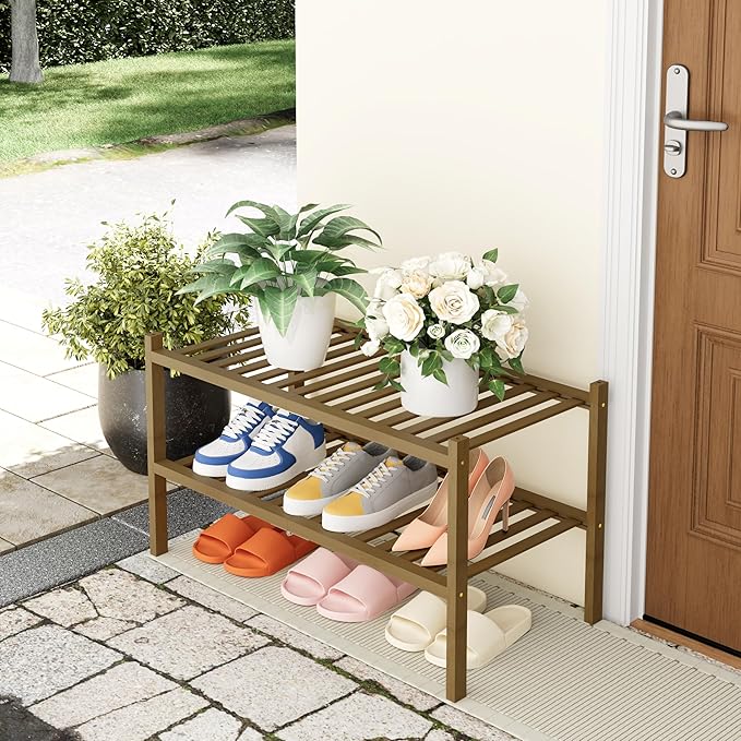 Smiry Shoe Rack, 2 Tier Thick Bamboo Shoe Organizer, Stackable Free Standing Wooden Shoe Storage Shelf for Closet, Entryway, 