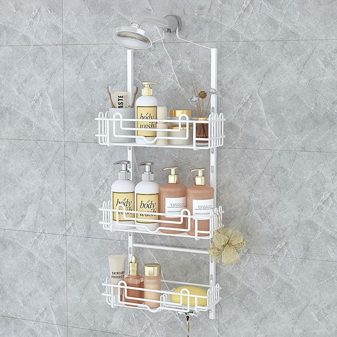 SWTYMIKI Shower Caddy Hanging Organizer - 3-Tier Rustproof Shower Organizer Over Showerhead with Adjustable Baskets, 24 Hooks