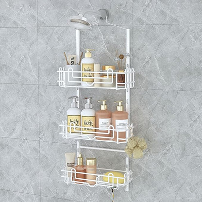 SWTYMIKI Shower Caddy Hanging Organizer - 3-Tier Rustproof Shower Organizer Over Showerhead with Adjustable Baskets, 24 Hooks