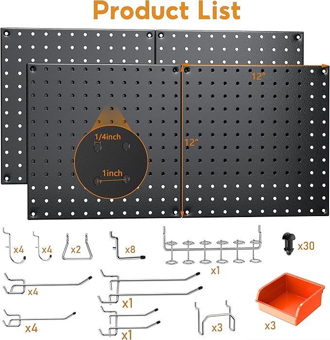Peg Board, 68PCS Heavy Duty Metal Pegboard with Hooks, 4 Pack Black Peg Board Panels, 50lbs Load Capacity Each, Pegboard Wall