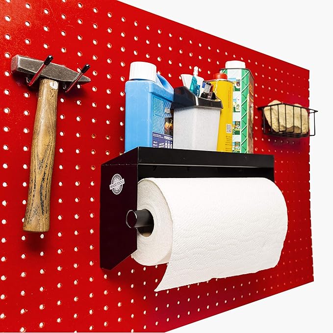 Pegboard Paper Towel Holder with Shelf, Peg Board Accessory Kit with Heavy Duty Peg Hooks, Black Pegboard Accessories Tool Ho