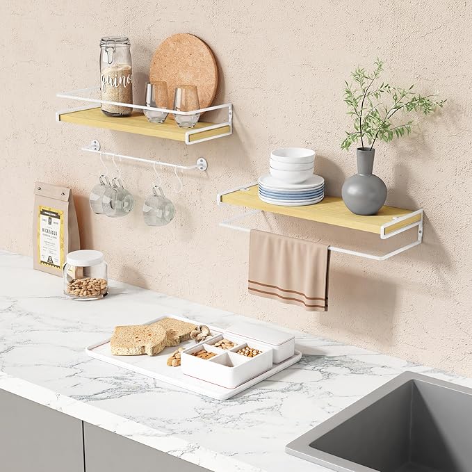 Forbena Floating Shelves for Wall with Rail, White and Natural Wood Nursery Book Shelves for Baby Girls Boys Kids Room Bedroo