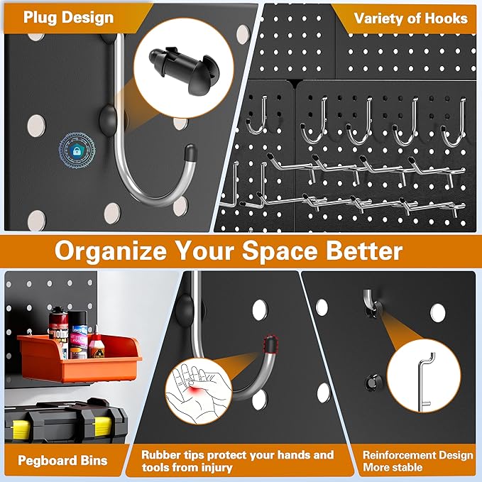 Peg Board, 68PCS Heavy Duty Metal Pegboard with Hooks, 4 Pack Black Peg Board Panels, 50lbs Load Capacity Each, Pegboard Wall