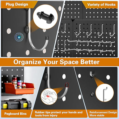 Peg Board, 68PCS Heavy Duty Metal Pegboard with Hooks, 4 Pack Black Peg Board Panels, 50lbs Load Capacity Each, Pegboard Wall