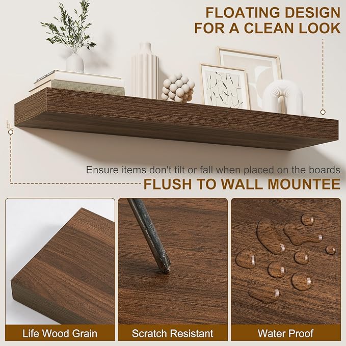 Fun Memories 72 Inch Floating Shelves, Wall Mounted Rustic Wood Floating Shelf with Invisible Brackets for Storage & Decor, 2