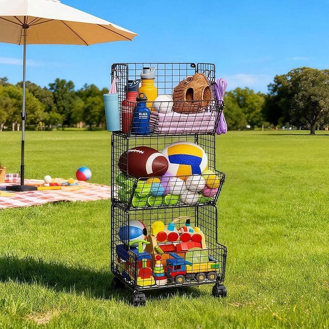 Sonyabecca Outdoor Toy Storage Basket, Play Kitchen Organizer with 5 S-Hooks,3 Tier Rolling Storage Cart Garage, Pantry Floor