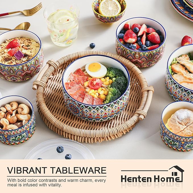 Henten Home Ceramic Serving Bowls with Lid, Colorful Nesting Bowl Set of 3, Porcelain Boho Bowls for Prep, Food Storage, Meals, Micreowave & Dishwasher Safe, 10/20/32 oz