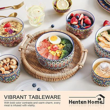 Henten Home Ceramic Serving Bowls with Lid, Colorful Nesting Bowl Set of 3, Porcelain Boho Bowls for Prep, Food Storage, Meals, Micreowave & Dishwasher Safe, 10/20/32 oz