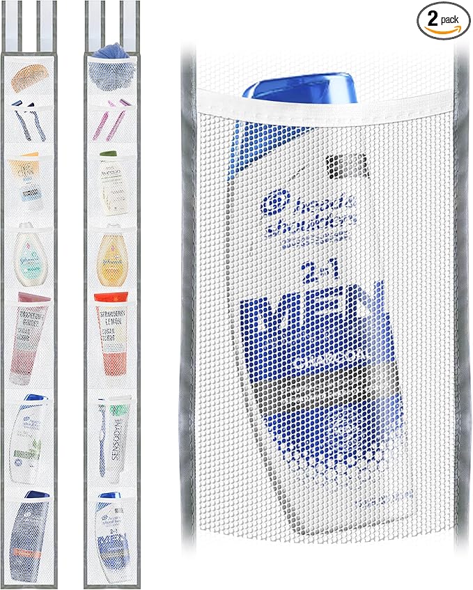 Skywin 7 Pockets Hanging Shower Curtain Liner Caddy 60 x 6 Inches (2 Pack) - 100% Polyester Mesh Shower Caddy Hanging - Showe