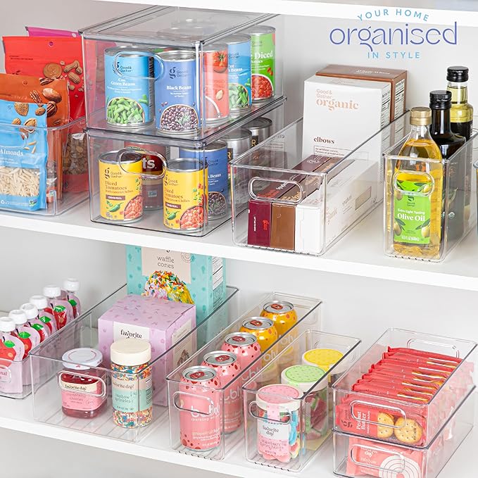 Plastic Food Storage 4 Pack Clear Container Bin with Handles for Organizing Kitchen, Pantry, Refrigerator, Freezer, Pantry, C