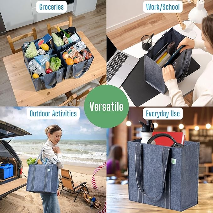VENO 2-4 Pack Reusable Grocery shopping Bags, Medium Tote Bag w/Handle Hard Bottom, Heavy Duty, Foldable Carrier