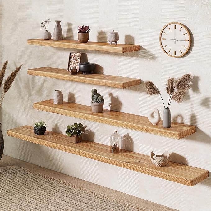 Fun Memories 72 Inch Floating Shelves for Wall, Rustic Solid Elm Wood Shelves for Home Decor, 8 Inch Deep Floating Shelf Wall