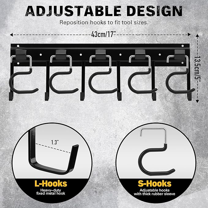 ELEAD 68'' All Metal Adjustable Garden Tool Organizer: Garage Tool Organizer Wall Mount with Black Hooks, Garage Organizers a