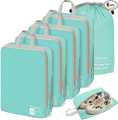 Compression Packing Cubes 6 Set, Dual Zipper Compression Packing Cubes for Travel, Space-Saving Packing Bags for Suitcases, p