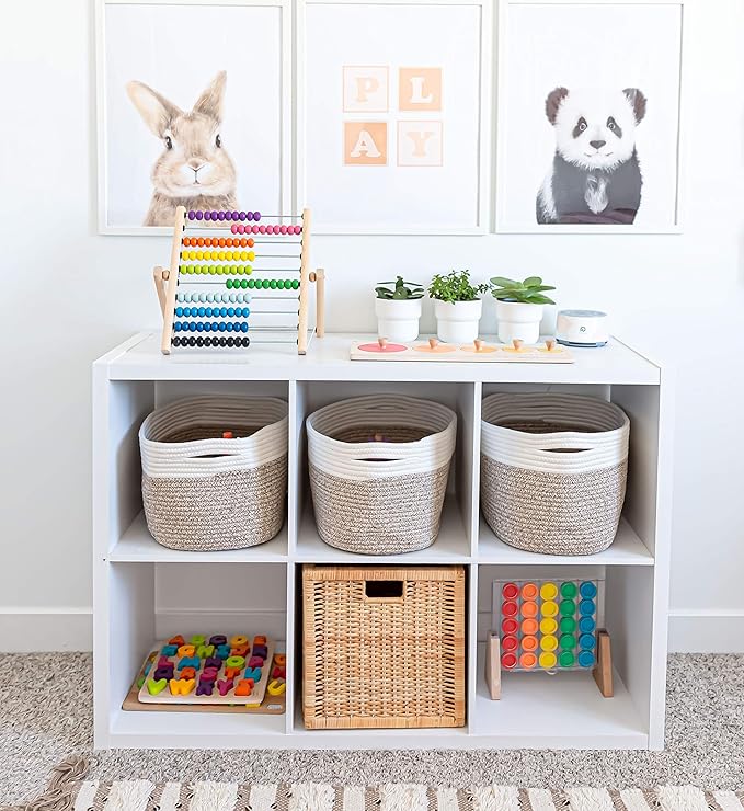 OrganiHaus Rope Baskets for Shelves - Set of 3 Woven Storage Baskets for Organizing, Closet & Toy Storage - Brown/Off-White -
