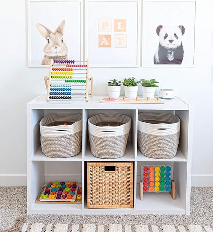 OrganiHaus Rope Baskets for Shelves - Set of 3 Woven Storage Baskets for Organizing, Closet & Toy Storage - Brown/Off-White -