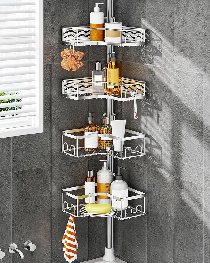 ALLZONE Corner Shower Caddy Tension Pole with 4 Repositionable Hang-On Baskets, Mixed-Height Shelves for Tall Bottles, 8 Dual