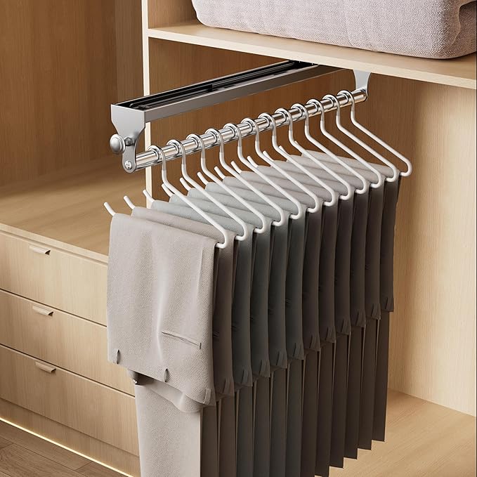 2 Pack Pull Out Closet Rod, 15.7inch Heavy Duty Pants Rack, Adjustable Clothes Hanger Rail, Space Aluminum Valet Rod, Top Mou