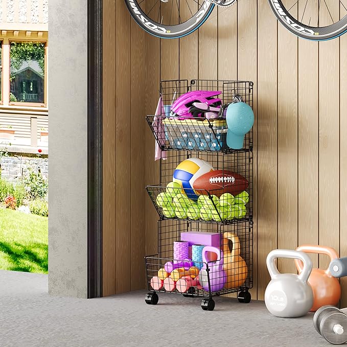 Sonyabecca Outdoor Toy Storage Basket, Play Kitchen Organizer with 5 S-Hooks,3 Tier Rolling Storage Cart Garage, Pantry Floor