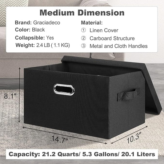 Graciadeco Medium 15" 21 Quart Collapsible Stackable Storage Bins with Lids, 1 Pack Black Foldable Fabric Closet Storage Boxe