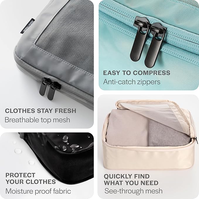 Aerotrunk Compression Packing Cubes for Travel - Luggage Organizer Bags - Double Zipper Packing Cubes for Suitcases (12-Pack, Light Grey)
