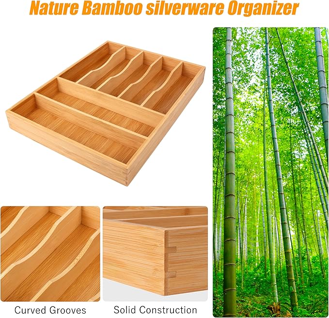 Bellsal Bamboo Silverware Drawer Organizer, Kitchen Utensil Drawer Organizers, 12"x15.7" Utensils Holder Cutlery Tray with Gr