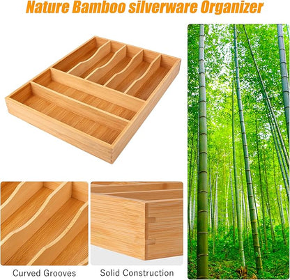 Bellsal Bamboo Silverware Drawer Organizer, Kitchen Utensil Drawer Organizers, 12"x15.7" Utensils Holder Cutlery Tray with Gr
