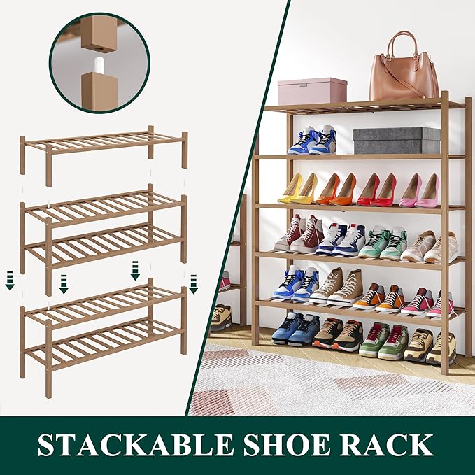 Smiry Shoe Rack, 2 Tier Thick Bamboo Shoe Organizer, Stackable Free Standing Wooden Shoe Storage Shelf for Closet, Entryway, 