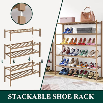 Smiry Shoe Rack, 2 Tier Thick Bamboo Shoe Organizer, Stackable Free Standing Wooden Shoe Storage Shelf for Closet, Entryway, 
