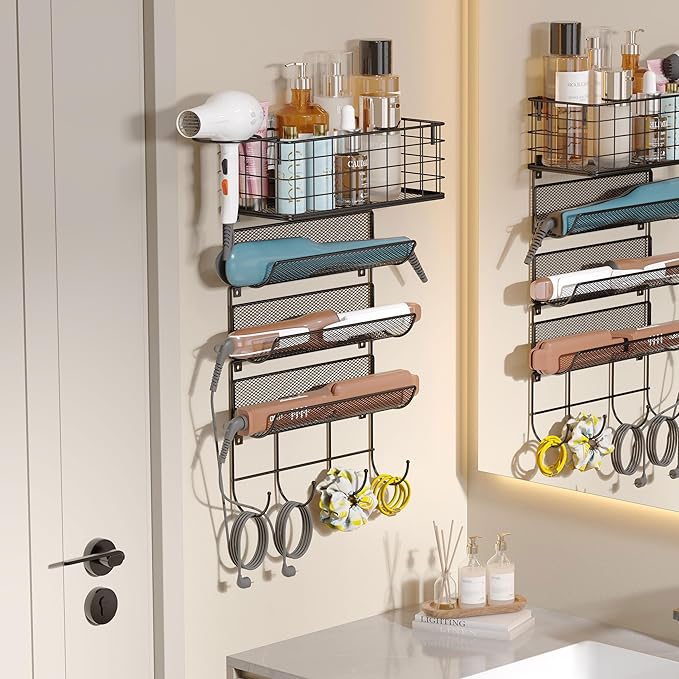 Wall-Mounted Hair Dryer Holder Styling Tool Organizer 4-Shelf Storage Wire Basket with Hook Heat Safe Rack for Hair-Straighte