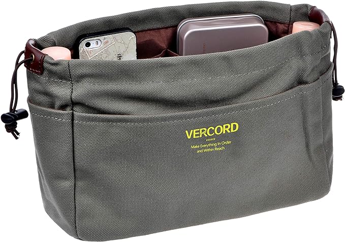 Vercord Canvas Handbag Organizers, Sturdy Purse Insert Organizer Bag in Bag, 10 Pockets Color Army Green Large