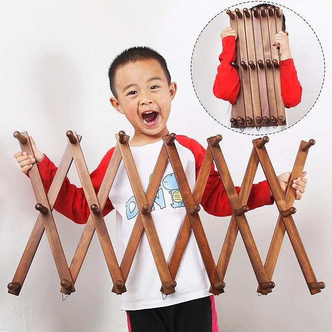 WEBI Accordion Wall Hanger,Expandable Wooden Coat Rack,Accordion Hat Rack for Wall,Accordion Hook Rack for Hats,Caps,20 Peg H