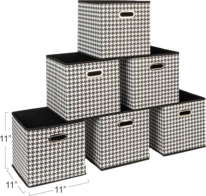 Household Essentials Foldable Fabric Storage Cubes 6-Pack – 11x11x11 Stackable Non-Woven Bins with Chipboard Sides & Grommet 