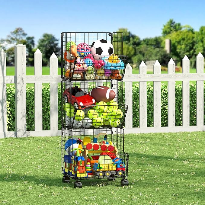 Sonyabecca Outdoor Toy Storage Basket, Play Kitchen Organizer with 5 S-Hooks,3 Tier Rolling Storage Cart Garage, Pantry Floor