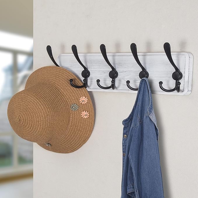 Dseap Coat Rack Wall Mounted - 5 Tri Hooks, Heavy Duty, Wooden Wall Coat Hanger Coat Hook for Clothes Hat Jacket Clothing, Wh