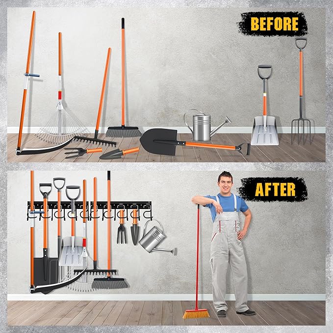 ELEAD 68'' All Metal Adjustable Garden Tool Organizer: Garage Tool Organizer Wall Mount with Black Hooks, Garage Organizers a