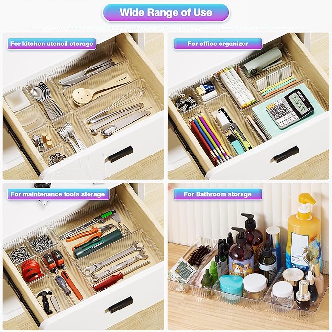 15 PCS Clear Plastic Drawer Organizer Set - 4 Sizes Makeup Organizer Desk Drawer Divider Bathroom Organizers and Storage Bins