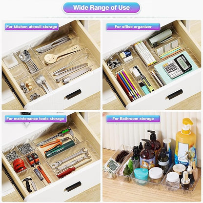 15 PCS Clear Plastic Drawer Organizer Set - 4 Sizes Makeup Organizer Desk Drawer Divider Bathroom Organizers and Storage Bins