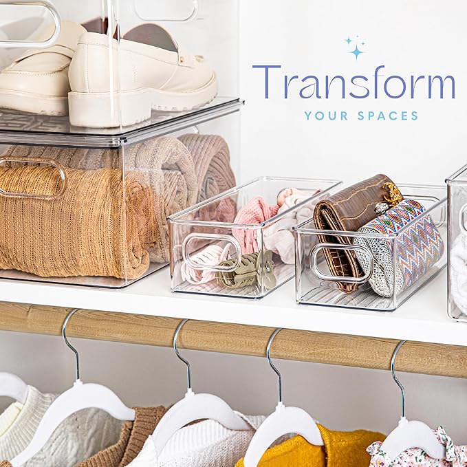 Plastic Food Storage 4 Pack Clear Container Bin with Handles for Organizing Kitchen, Pantry, Fridge, Freezer, Pantry,Bathroom
