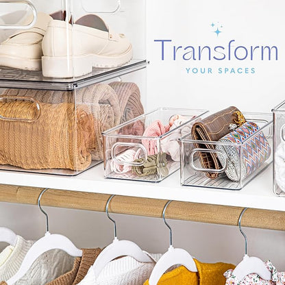 Plastic Food Storage 4 Pack Clear Container Bin with Handles for Organizing Kitchen, Pantry, Fridge, Freezer, Pantry,Bathroom