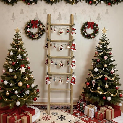 Wooden Blanket Ladder - 76in Natural & Motley Wood - Leaning Wall Decor for Bedroom, Bathroom, Living Room - Rustic Quilt Hol