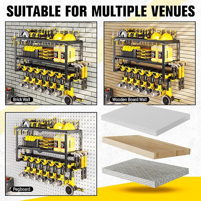 Hipidian Heavy Duty Power Tool Organizer Wall Mount - 300lb Capacity 3-Tier Storage Rack with 7 Drill Holders for Garage Work