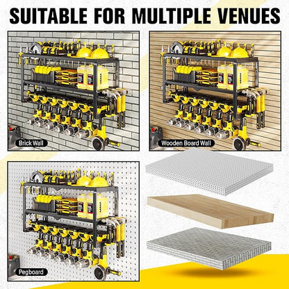 Hipidian Heavy Duty Power Tool Organizer Wall Mount - 300lb Capacity 3-Tier Storage Rack with 7 Drill Holders for Garage Work